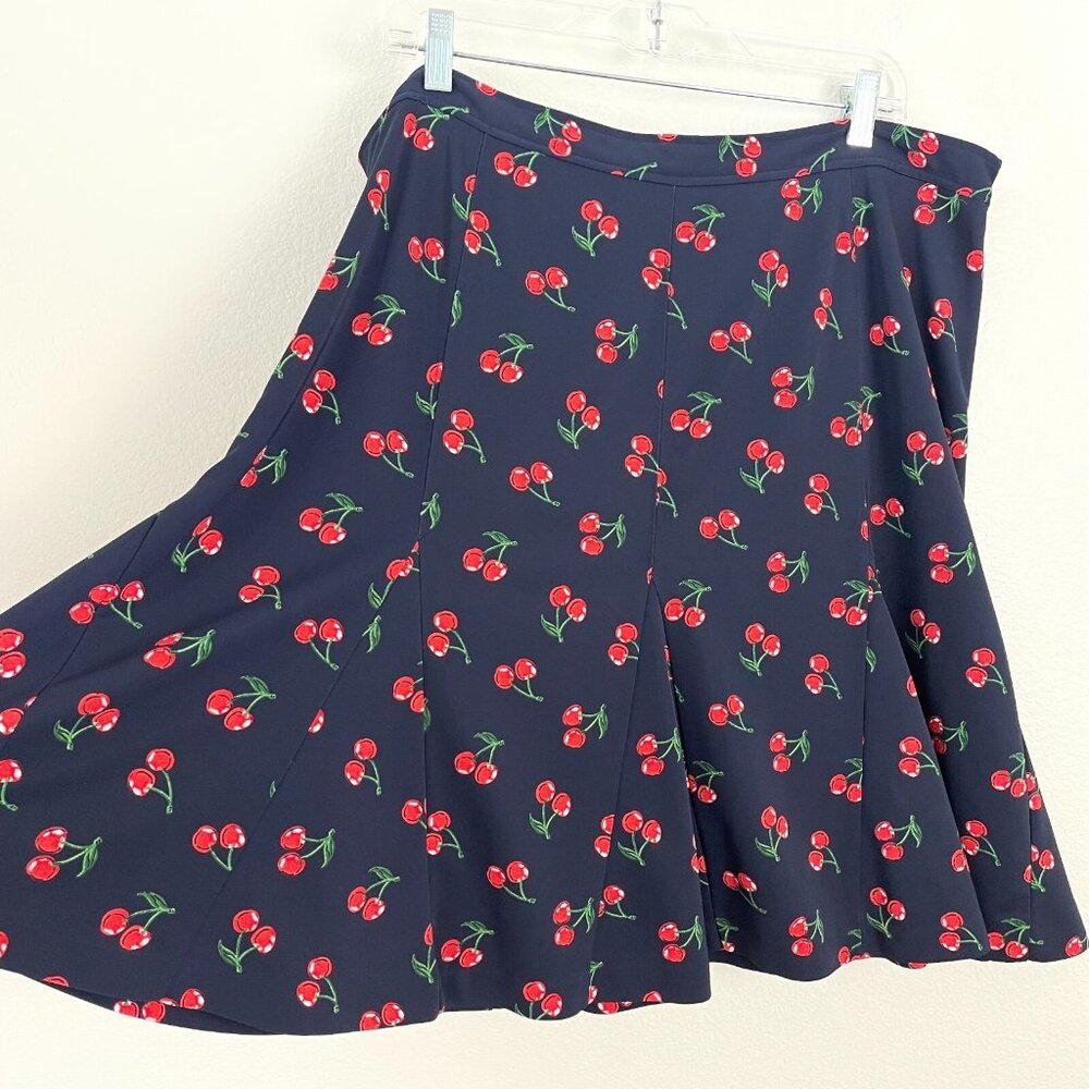 Talbots Womens Plus 16WP Cherry Print Flare Trumpet Skirt Navy Red Side Zip‎